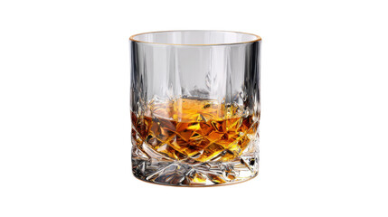 Whiskey glass tumbler filled with amber liquor, representing refreshment, leisure, and celebration on a transparent background