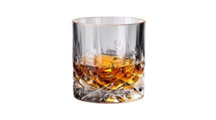 Whiskey glass tumbler filled with amber liquor, representing refreshment, leisure, and celebration on a transparent background