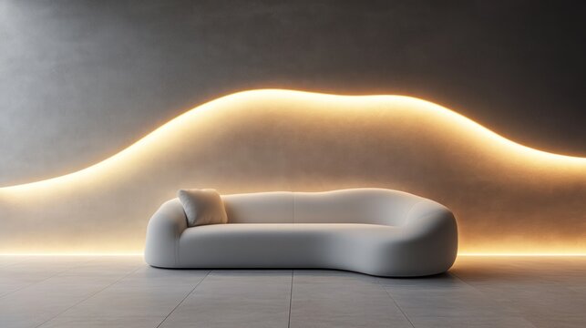 Sculptural white sofa against a textured wall with warm, curved LED lighting