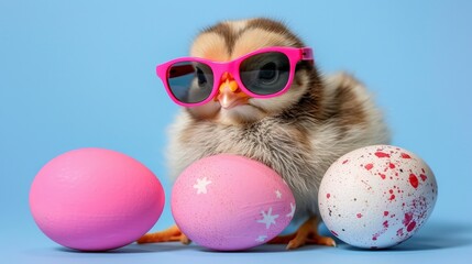 Charming easter greeting card with cool chick in sunglasses and colorful egg on blue background