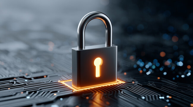 cybersecurity concept with glowing padlock icon on electronic circuit board, secure network protection, data privacy, encryption, online safety, digital security illustration