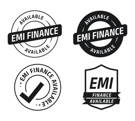 'EMI Finance Available' Badge Set-vector illustration.  A clean and modern set of &ldquo;EMI Finance Available&rdquo; badges featuring circular stamps and shield-style icons in black and white