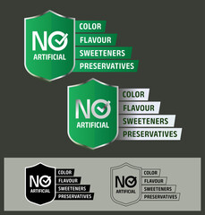 A professional &ldquo;No Artificial&rdquo; shield label set highlighting products made without artificial color, flavour, sweeteners, or preservatives. vector illustration. 