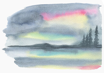 Watercolor illustration of northern lights, background design, paint, winter.