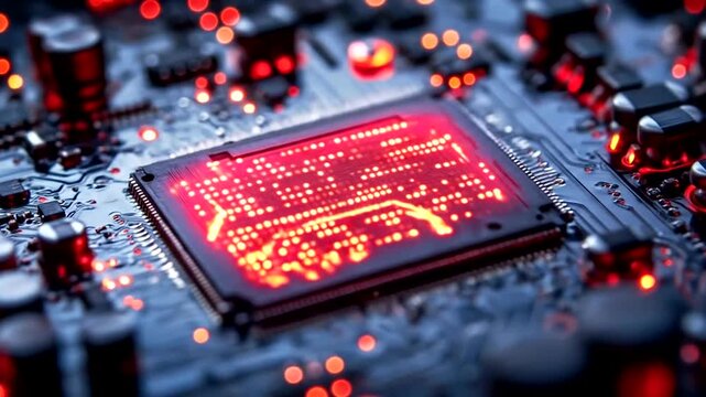 Close up of a glowing red computer processor chip on a circuit board with intricate details.