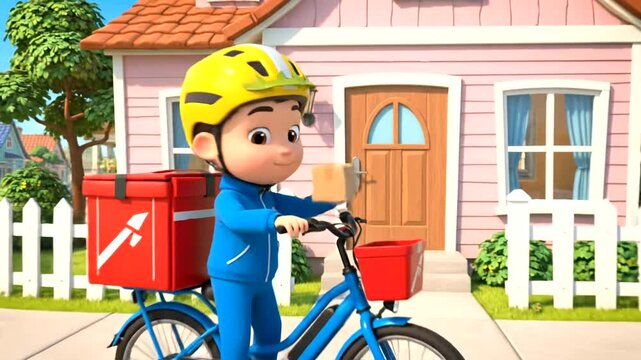 Cartoon Delivery Boy on Bicycle Delivering Package in Neighborhood.