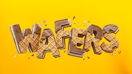 "WAFERS" word made of crispy biscuit, chocolate, and cream filling. 3D realistic typography food concept on yellow background.