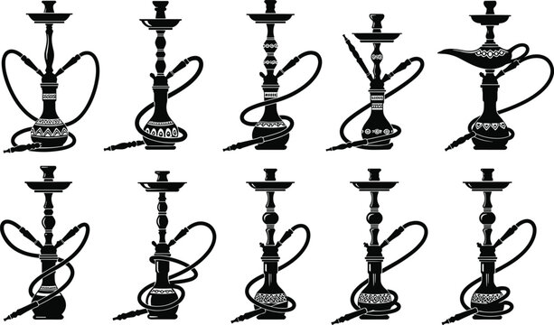 Hookah silhouette collection, shisha vector icons, water pipe illustration set, black and white design, cultural smoking concept, Middle Eastern style
