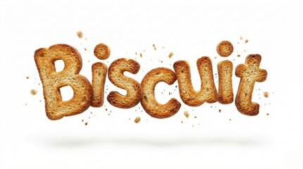 "Biscuit" word made of crispy toasted rusk bread texture. 3D realistic food typography with flying crumbs isolated on white background.
