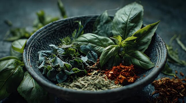 A bowl filled with various green and red herbs and spices