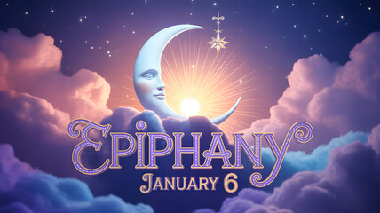 Whimsical moon face with star and clouds celebrating Epiphany January 6 purple