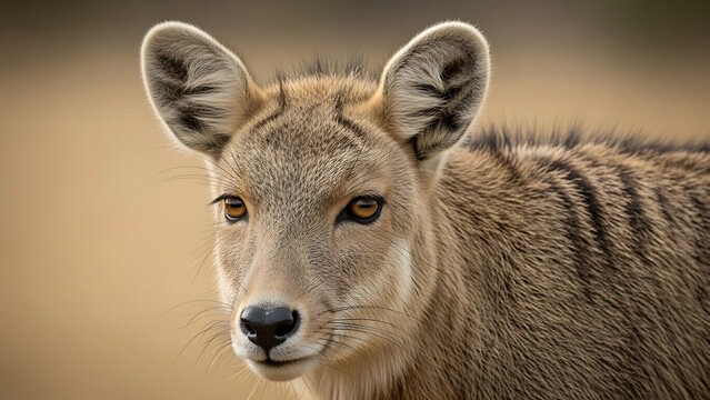 Close-up portrait of a fascinating deer-like animal with striped fur and alert eyes