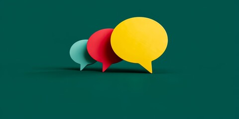 Three colorful paper circles with speech bubbles on a green background. The speech bubbles are yellow, red, and blue
