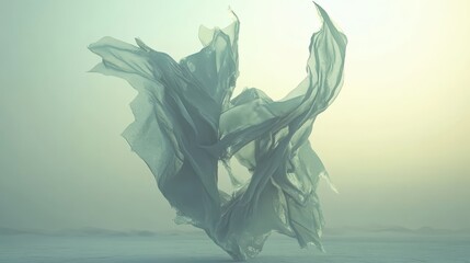 A pale blue and grey fabric object drifts and flows loosely in the airy expanse suggesting movement and a soft ethereal quality