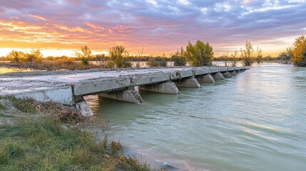 A damaged concrete bridge partially submerged in water at sunset with vibrant clouds in the sky