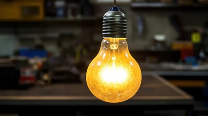 A single vintage incandescent light bulb hangs precariously illuminated with a warm golden glow