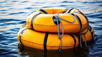 A stack of bright yellow rescue buoys floating on calm water with ropes attached and black straps for safety and emergencies