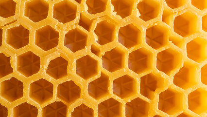 Natural Yellow Beeswax Honeycomb Pattern Macro Shot of Empty Hexagonal Bee Cells