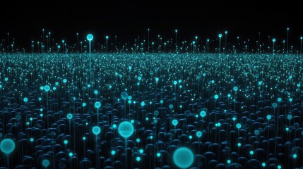 Abstract network of glowing blue fiber optic cables and illuminated points in a dark digital space representing technology and connection