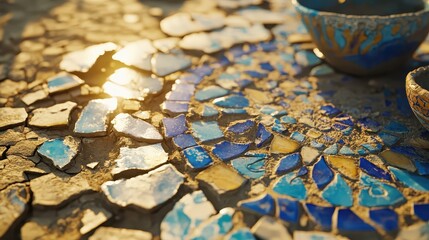 Broken pottery shards forming mosaic patterns on a textured surface illuminated by warm sunlight