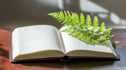 An open leather bound journal with blank pages is adorned by a vibrant green fern leaf casting a natural shadow