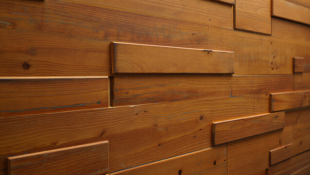 Close up of modern wooden wall with staggered rectangular panels