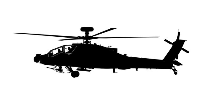 Silhouette of apache attack helicopter side view isolated on white background