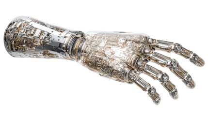 Robotic arm with intricate bionic hand featuring transparent skin and internal mechanisms, representing ai and futuristic technology