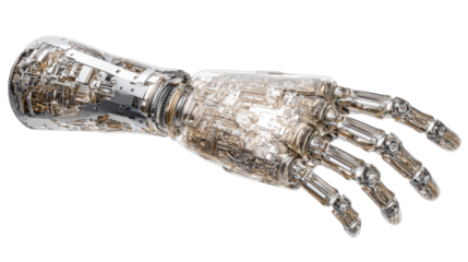 Robotic arm with intricate bionic hand featuring transparent skin and internal mechanisms, representing ai and futuristic technology