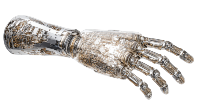 Robotic arm with intricate bionic hand featuring transparent skin and internal mechanisms, representing ai and futuristic technology - Powered by Adobe