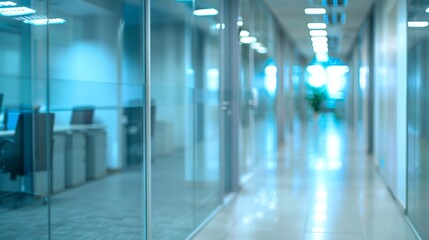 Obraz premium Stylish Office Interior with Glass Walls and Open Spaces for a Collaborative Work Environment