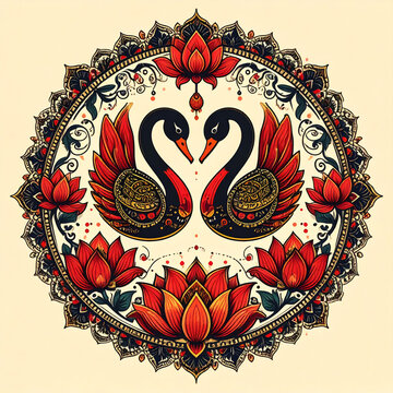 Decorative Illustration of Twin Swans and Lotus Rendered in the Style of Pattachitra Folk Art on Cream Background