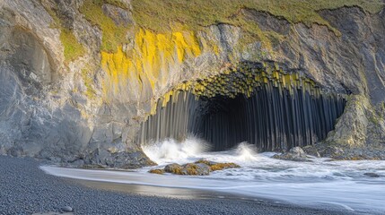 Impressive dark basalt columns forming a cave entrance with ocean waves crashing on the shore