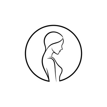 Minimalist black and white line art of female profile in circle &mdash; symbolic illustration representing gynocracy