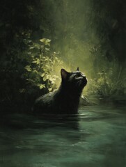 Obraz premium A digital painting of a black cat crouching in a tranquil green pond, surrounded by lush foliage. The soft light reflects off the water, creating a calm and peaceful atmosphere with a touch of mystery