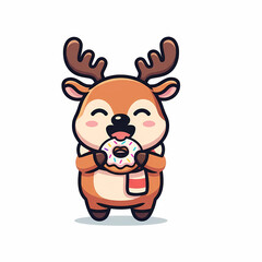 Fototapeta premium Cute Christmas Reindeer Mascot Eating Donut, Deer