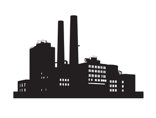 An industrial and powerful black factory building silhouette at night