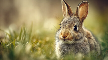 Fototapeta premium cute baby rabbit in grass, adorable bunny closeup in nature, wild rabbit portrait outdoors 