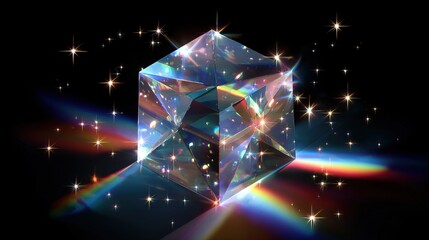 Abstract Crystal Cube with Rainbow Light and Futuristic Glow