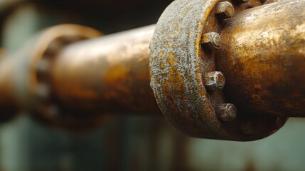 Close up of a tarnished copper piping system showing its joints sealed tight with bolts and flanges