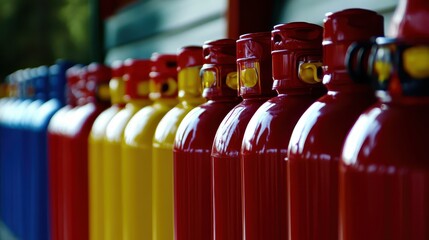 Red and yellow cooking fuel canisters neatly aligned in a row for storage