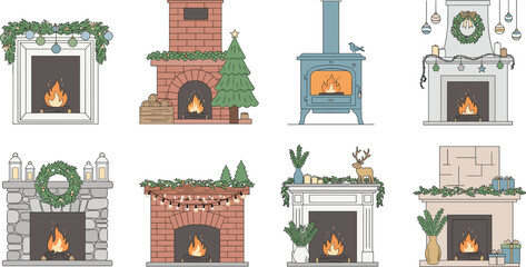 Cozy Christmas fireplace illustrations set with decorated mantels garlands candles stockings and warm winter holiday home interiors
