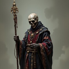 Obraz premium Undead Necromancer Holding Staff, Dark Fantasy Character with Skull Face, Rich Robes, and Gold Jewelry, Gothic Fantasy Illustration.