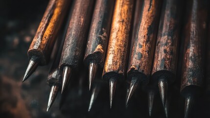 Close up view of a bundle of sharpened metal tipped wooden stakes with textured grain and dark weathered surfaces