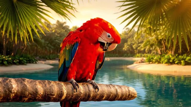 Vibrant red macaw parrot perched on a branch in a lush tropical paradise