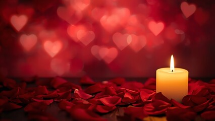 A romantic candlelit setting with rose petals and hearts in the background for a lovely Valentine's Day celebration