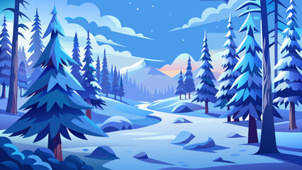 Winter forest landscape vector with snow-covered pine trees, cold blue palette, flat style