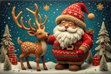 3D Knitted Santa Claus and Reindeer Christmas Scene Background: Santa in Red Sweater and Spotted Deer, Wrapped Gifts, Snowy Pine Trees, Twinkling Stars and Winter Wonderland on Blue Night Background