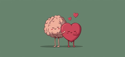 Gentle cartoon brain and heart hugging, showing mental health. Brain and heart characters are hugging, symbolizing mental and emotional balance with care