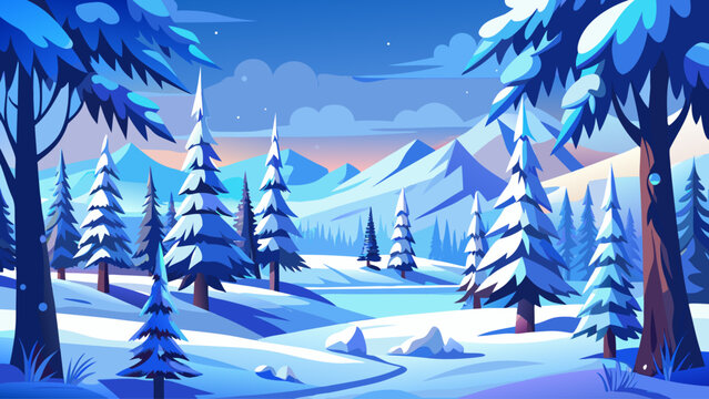 Winter forest landscape vector with snow-covered pine trees, cold blue palette, flat style